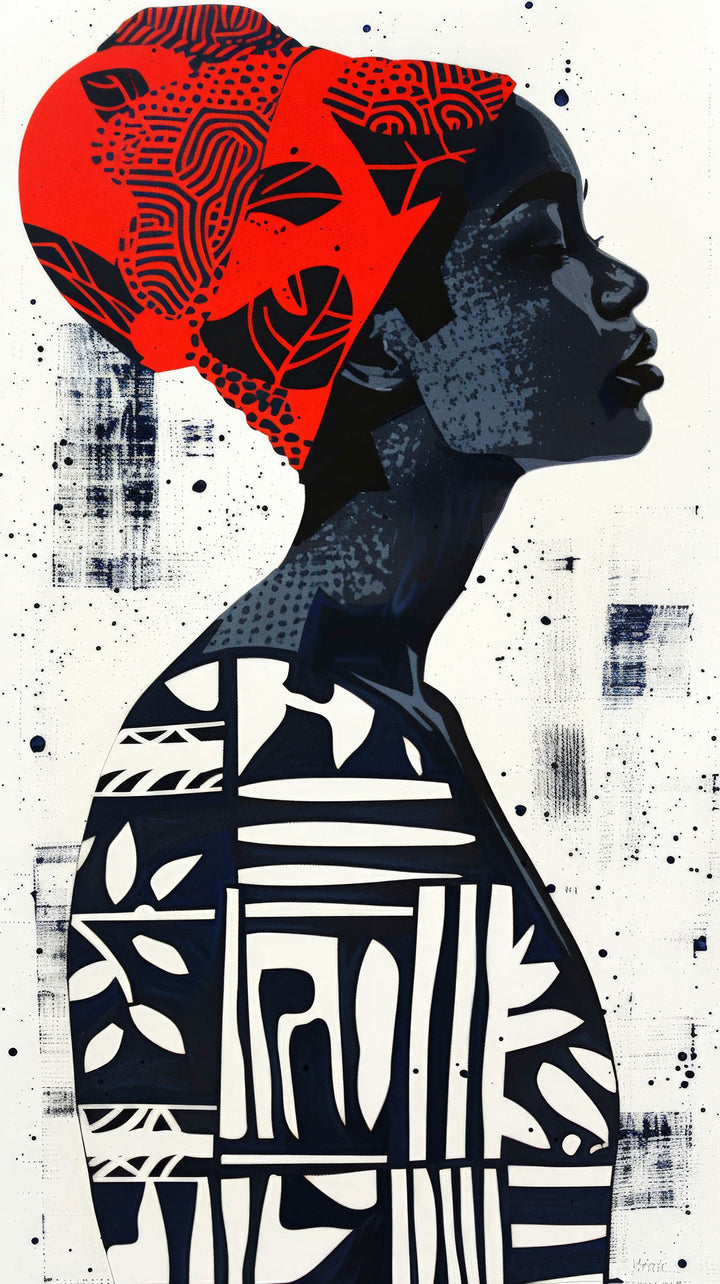 Wadi Home abstract wall art of a woman in profile wearing a red headwrap and patterned clothing. Monochromatic with red accent.