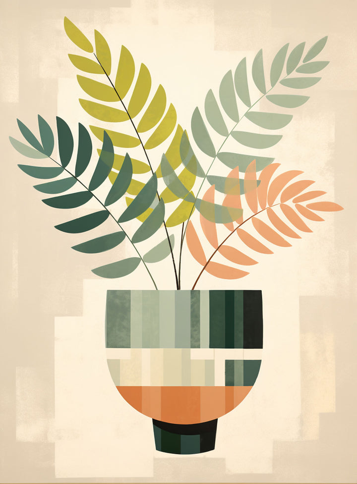 Wadi Home abstract botanical plant in a vase wall art with green, orange, and cream leaves.