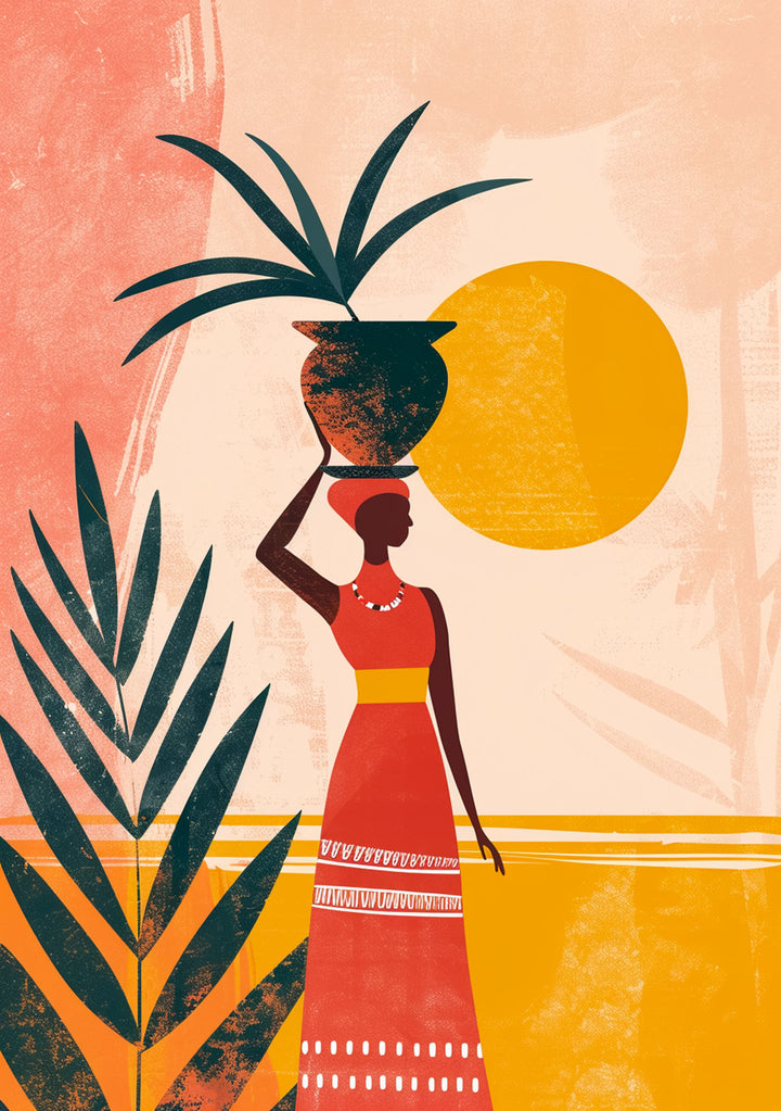 Wadi Home abstract wall art of a woman in a red dress carrying a pot on her head, with tropical leaves and a sun.