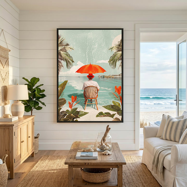 Wadi Home tropical beach scene wall art with person under orange umbrella, palm trees, and ocean view.
