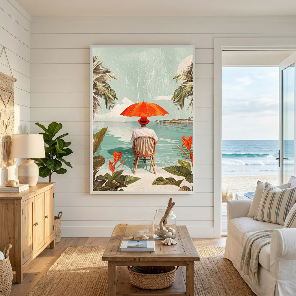 Wadi Home tropical beach scene wall art with person under orange umbrella, palm trees, and ocean view.