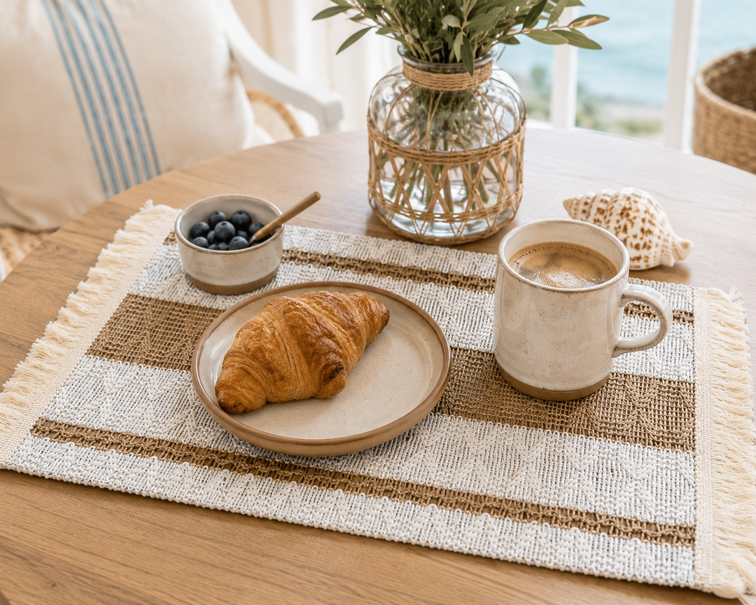 Striped Woven Table Mat with Tassel Trim set of 2
