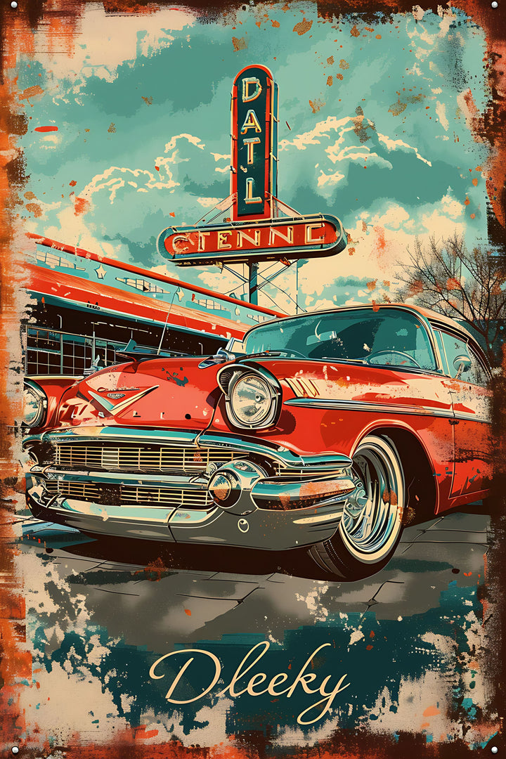 Wadi Home vintage red car diner metal wall art with distressed finish and vibrant colors.