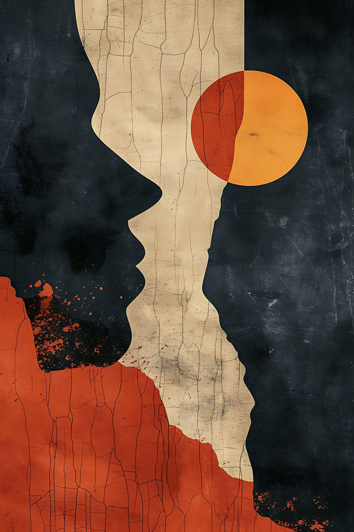 Wadi Home abstract profile sun wall art with terracotta, charcoal, and orange sun motif. Modern minimalist design.