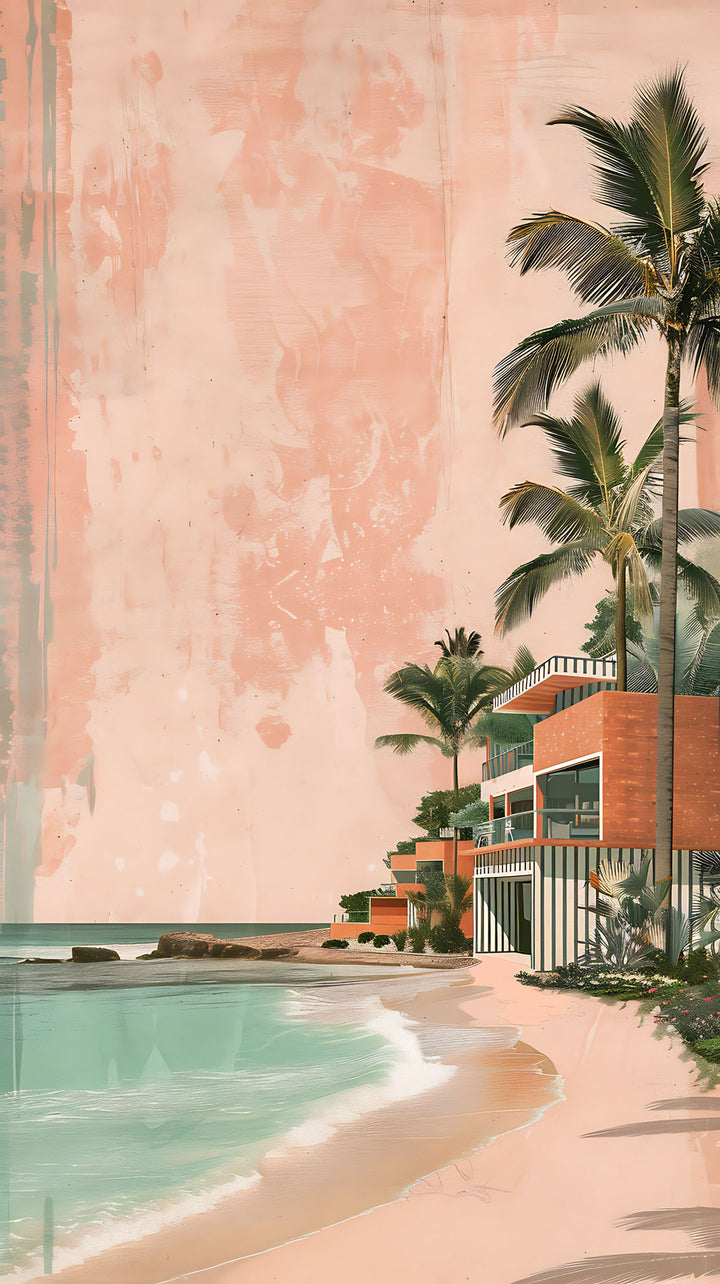 Wadi Home Coastal Palm Beach Artwork: Tropical beach scene with palm trees, turquoise ocean, sandy shore, and peachy background.
