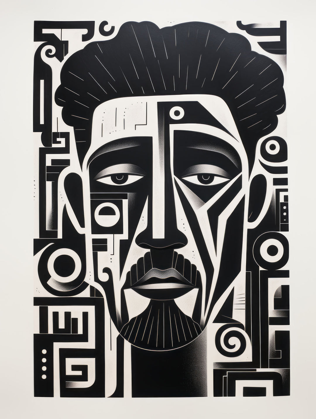 Wadi Home abstract geometric portrait wall art, monochrome black and white design with sharp lines and patterns.