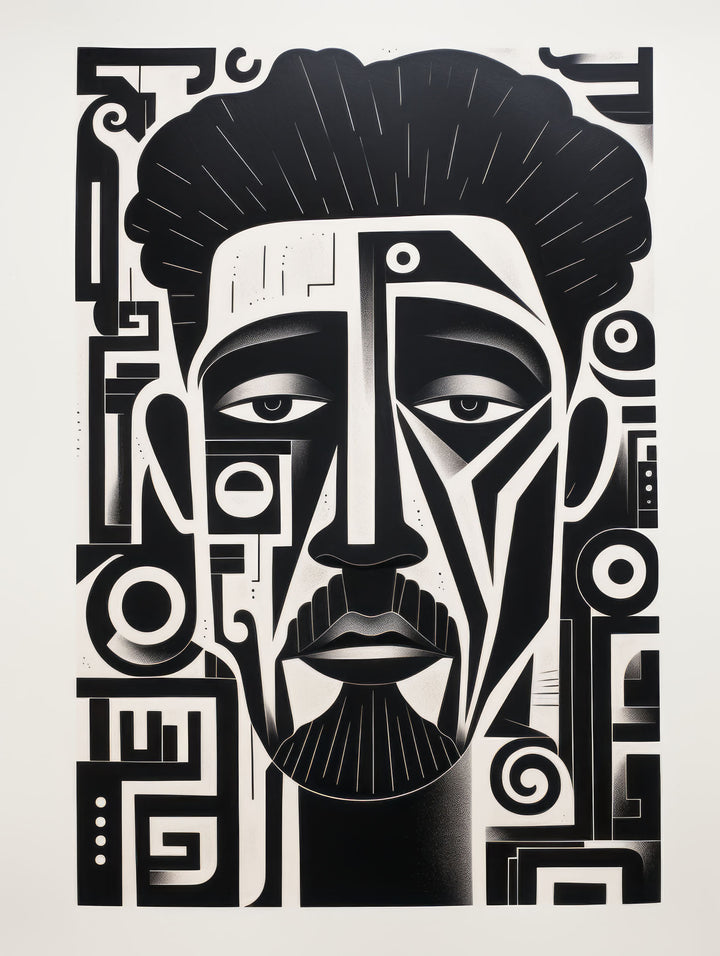 Wadi Home abstract geometric portrait wall art, monochrome black and white design with sharp lines and patterns.