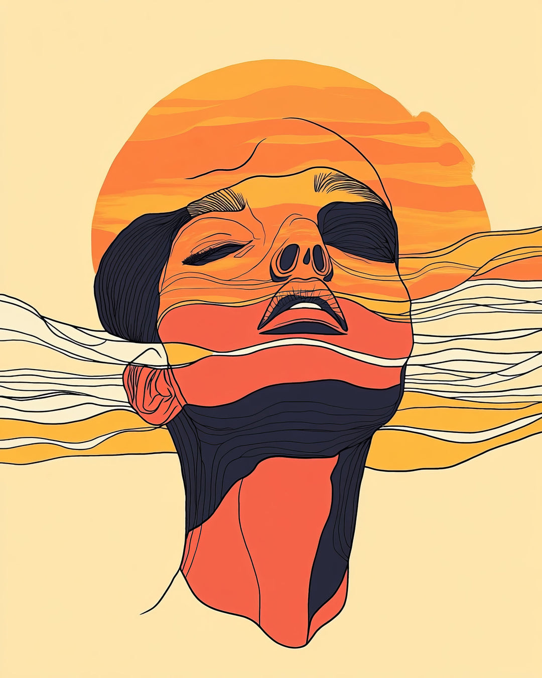 Wadi Home abstract face wall art with sunburst lines in orange, yellow, and blue. Modern line drawing.