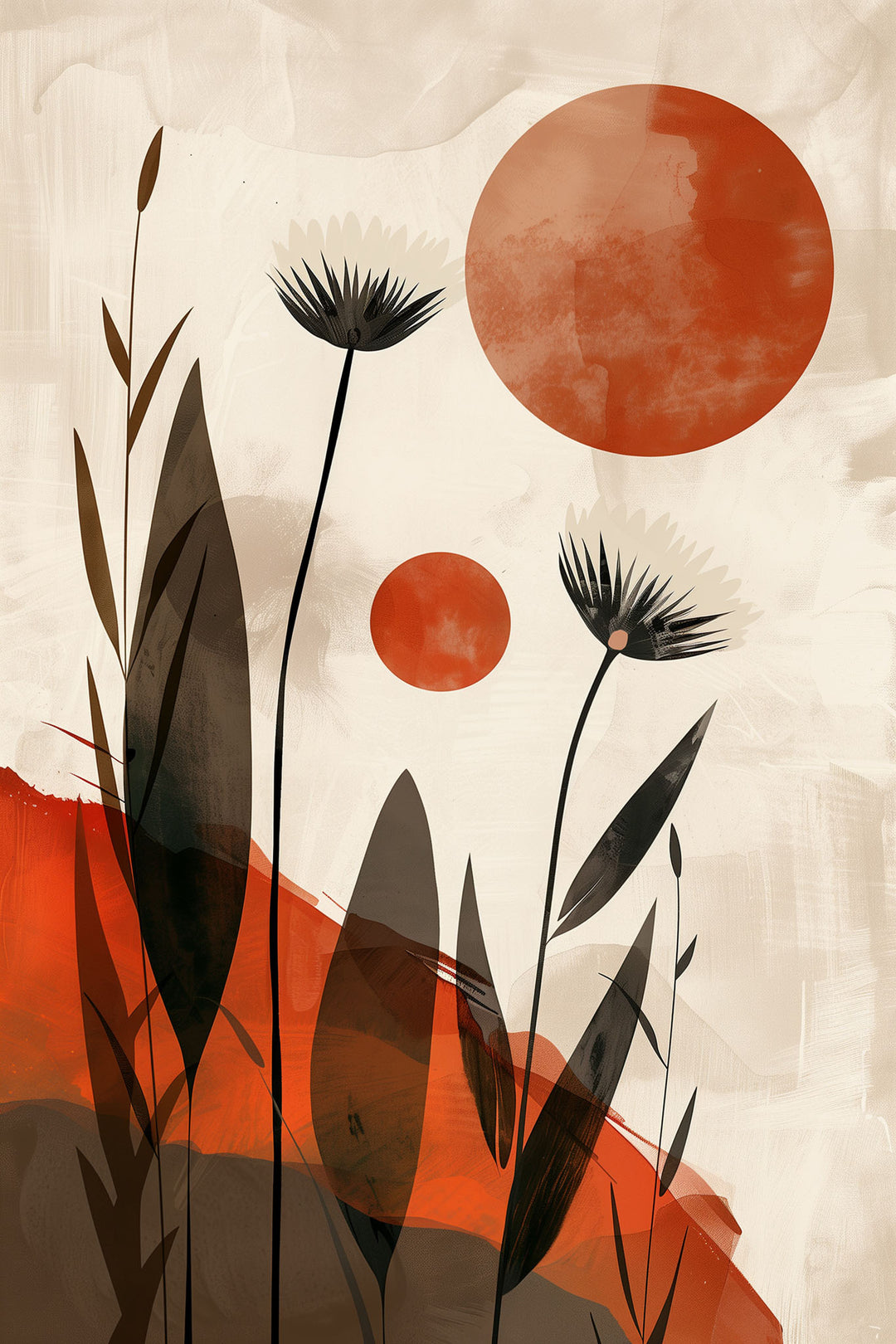 Wadi Home Abstract Floral Sunburst Wall Art with burnt orange circles and minimalist black floral silhouettes on a textured cream background.