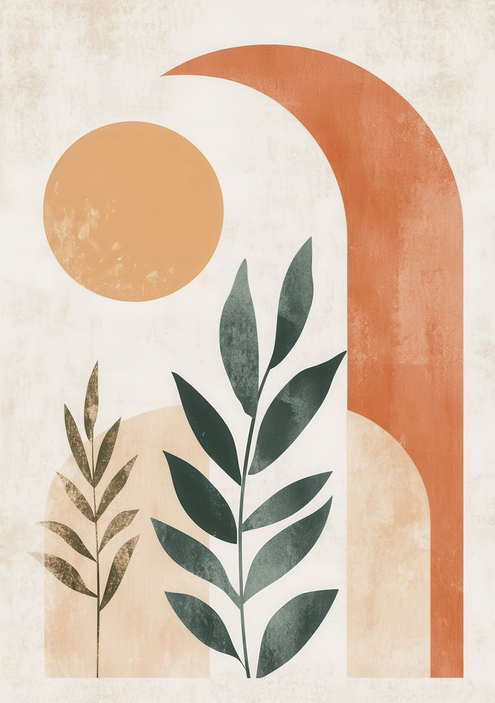 Wadi Home abstract botanical archway wall art with terracotta, beige, and green leaves. Modern minimalist design.