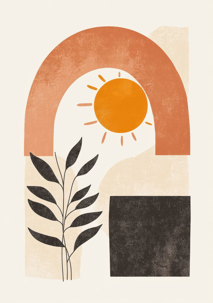 Wadi Home abstract wall art with orange arch, sun, botanical branch, and charcoal square on cream background.