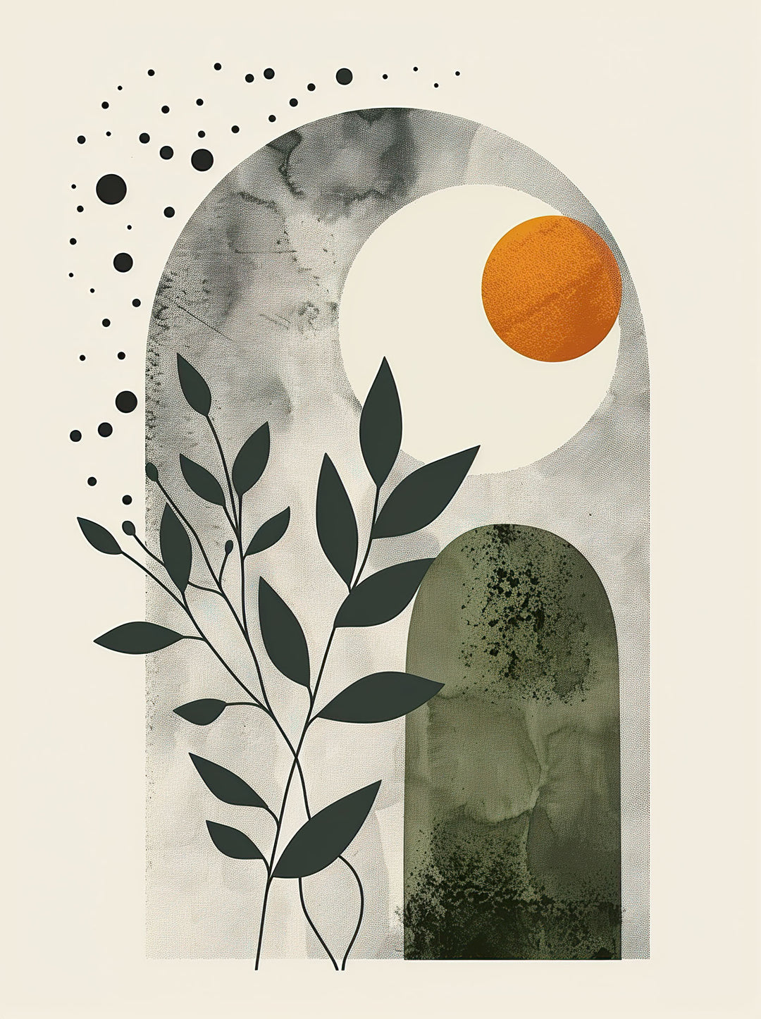 Wadi Home Abstract Arch Botanical Wall Art with muted greens, cream, and burnt orange. Modern minimalist design.