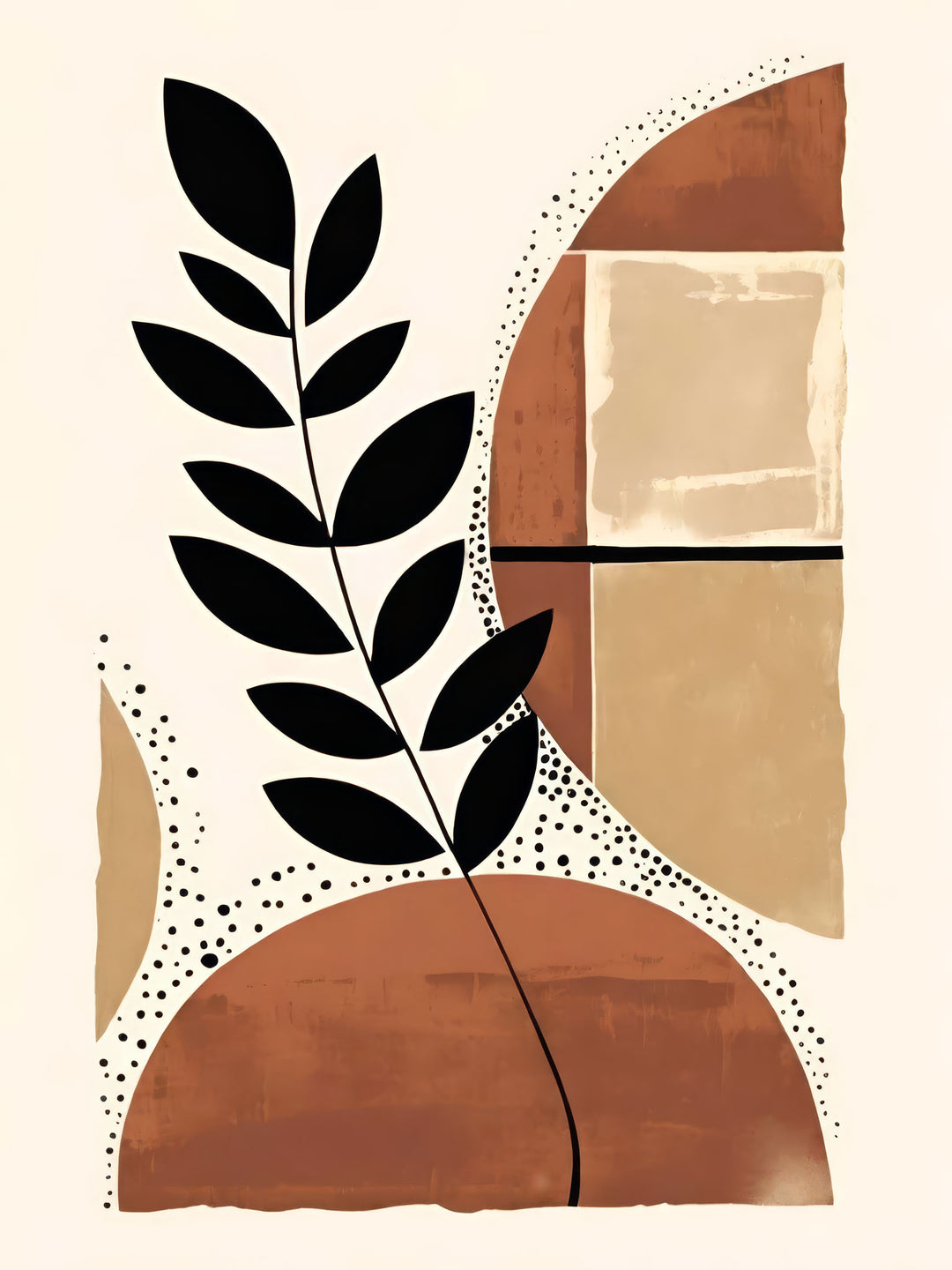 Wadi Home abstract botanical wall art with black leaf motif, terracotta, beige, and black shapes on cream background.