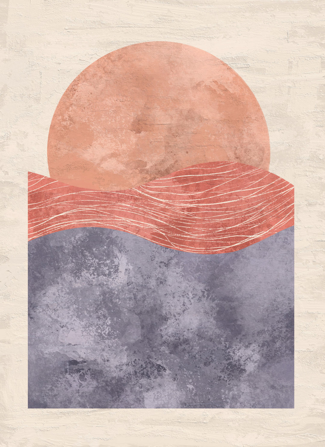 Wadi Home abstract wall art featuring a peachy sun over coral waves and muted blue sea. Minimalist, textured design.