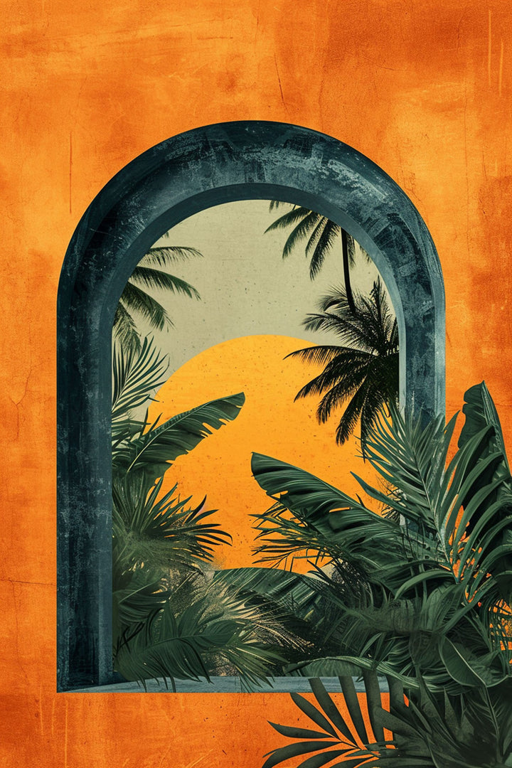 Wadi Home tropical archway sunset wall art with orange frame, dark arch, palm trees, and jungle foliage.