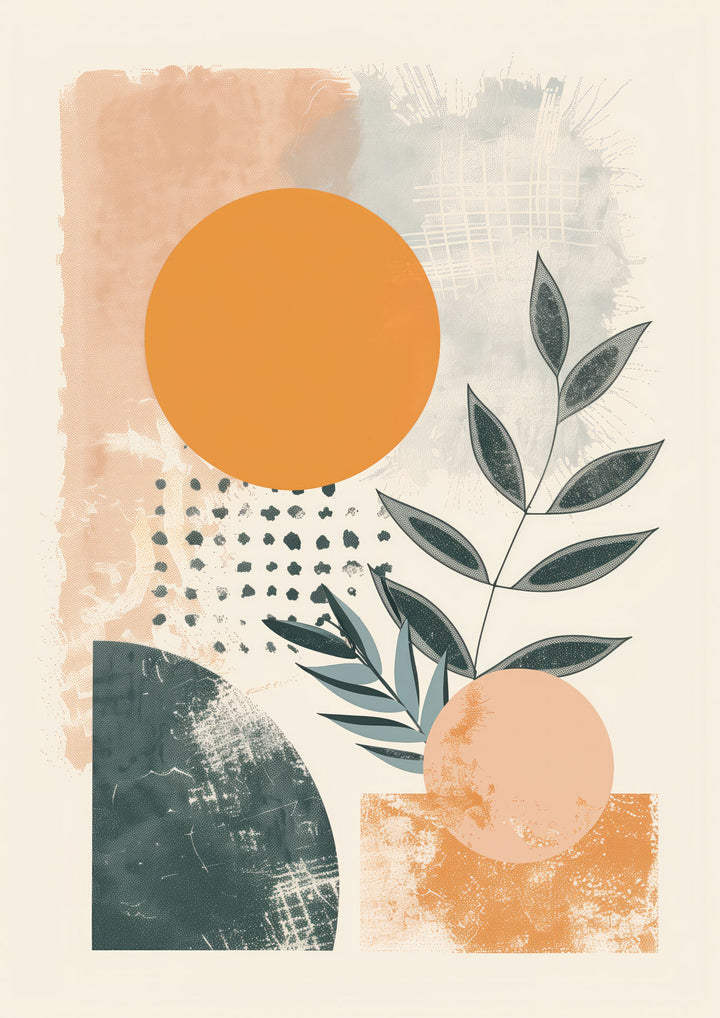 Wadi Home abstract botanical geometric wall art with terracotta, teal, and orange hues. Features textured brushstrokes and organic shapes.