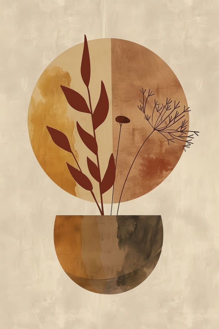 Wadi Home abstract botanical vase wall art in earthy tones of terracotta, rust, and beige. Minimalist design with organic elegance.
