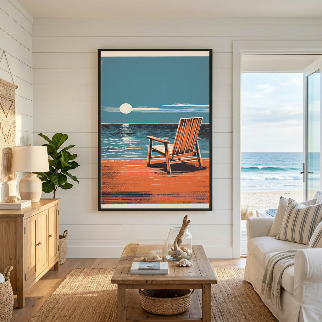 Wadi Home coastal Adirondack chair art print with ocean view, minimalist design, warm tones.