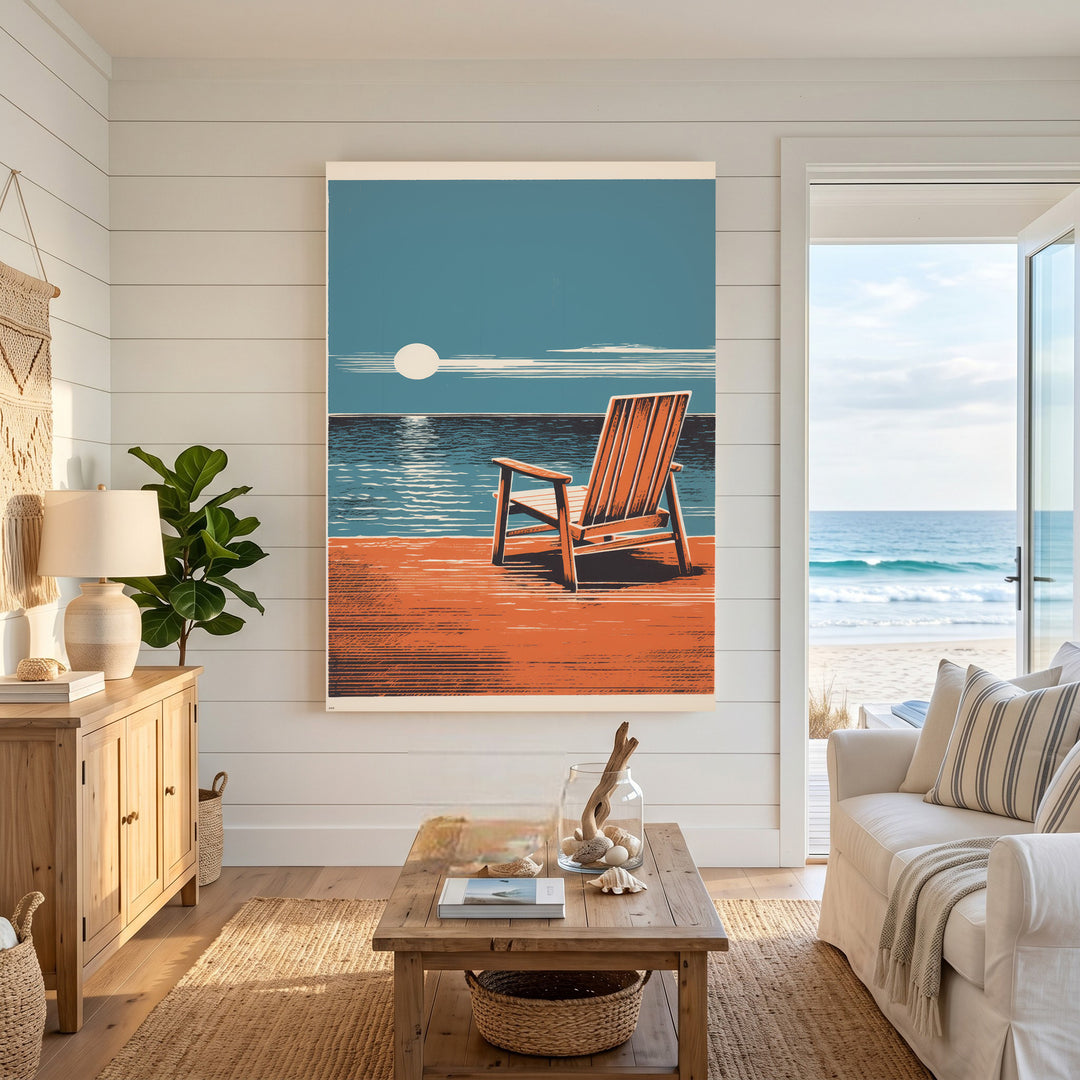Wadi Home Coastal Adirondack Chair art print featuring a wooden chair on a deck overlooking the ocean at sunset.