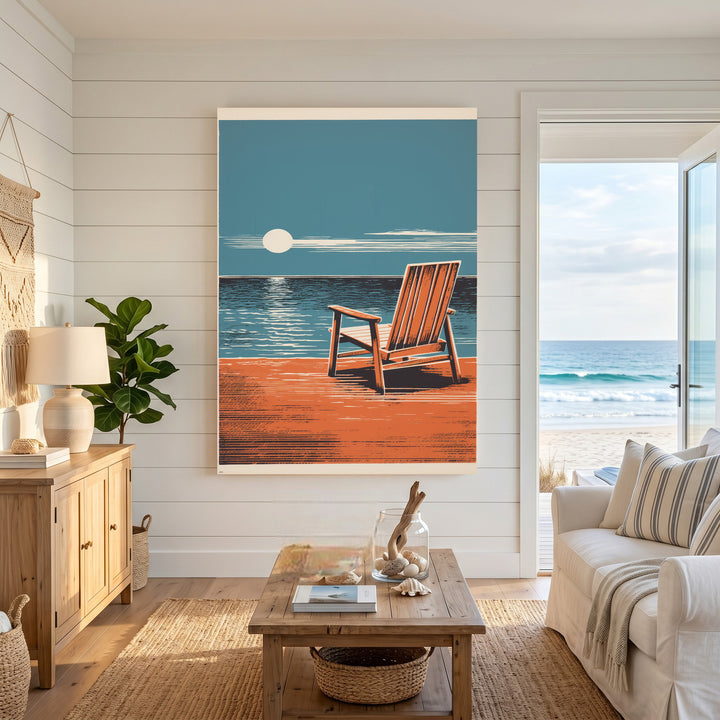 Wadi Home Coastal Adirondack Chair art print featuring a wooden chair on a deck overlooking the ocean at sunset.