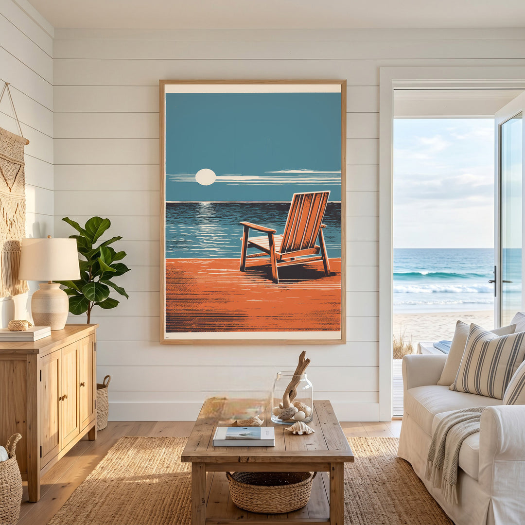 Wadi Home coastal Adirondack chair art print with ocean backdrop and minimalist design.