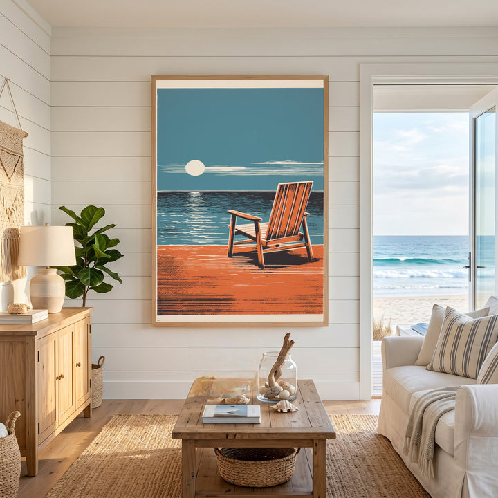 Wadi Home coastal Adirondack chair art print with ocean backdrop and minimalist design.