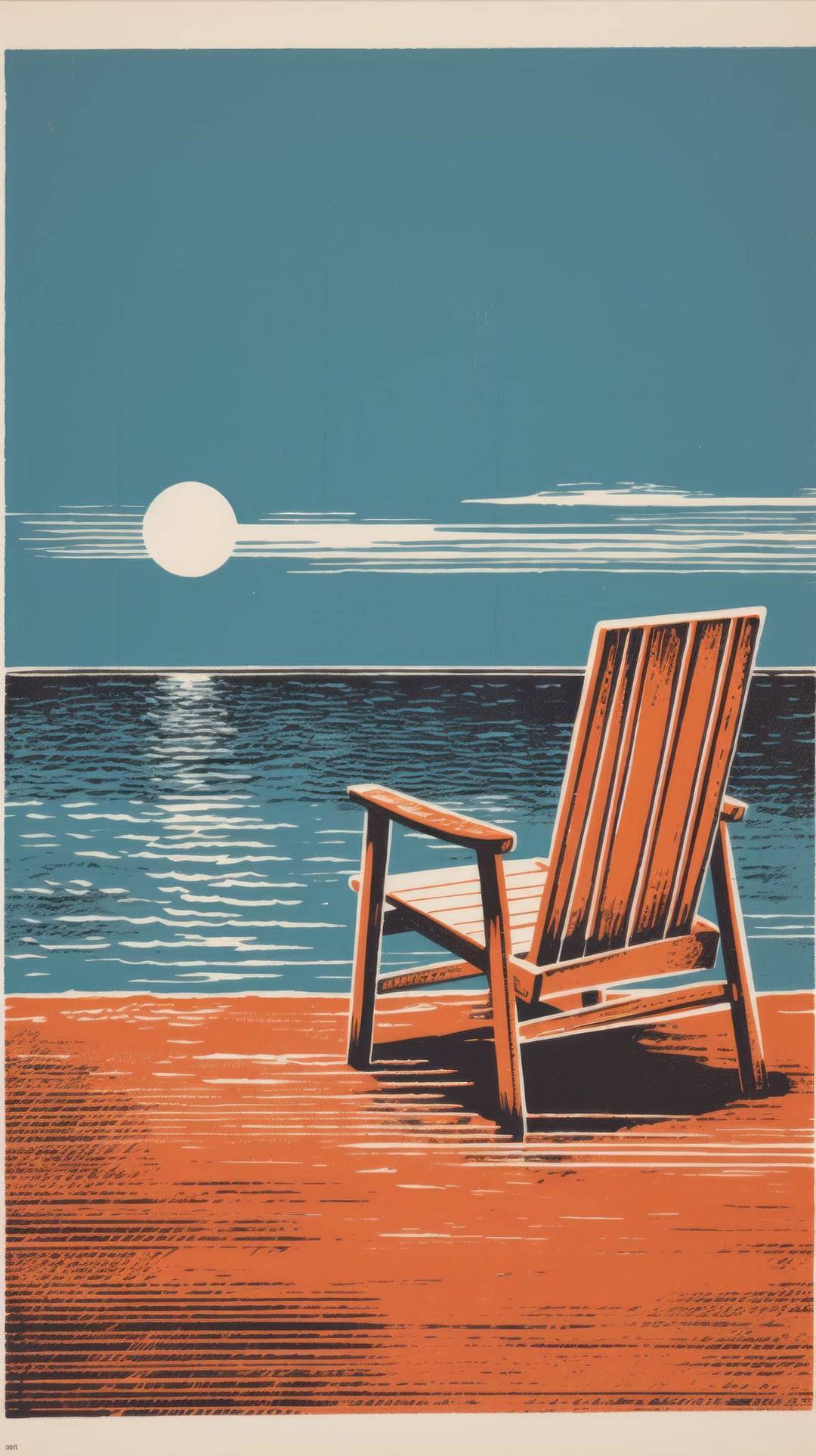 Wadi Home Coastal Adirondack Chair art print featuring a wooden chair on a deck overlooking the ocean at sunset.