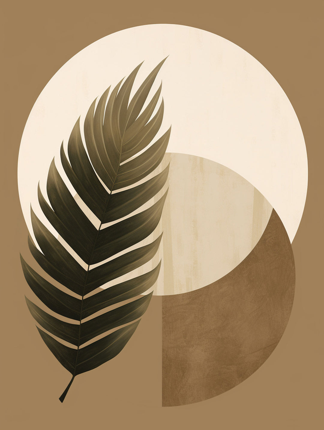 Wadi Home abstract botanical wall art featuring a dark green palm leaf against a backdrop of beige, cream, and brown geometric shapes.