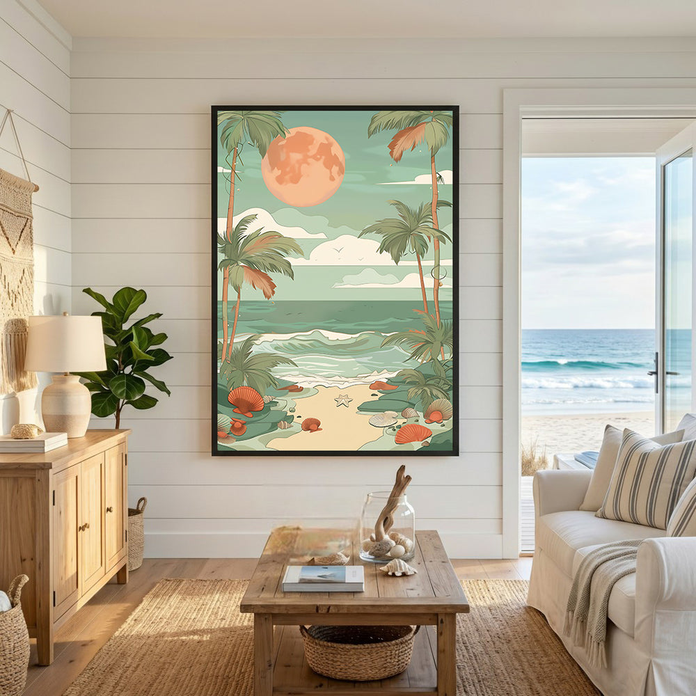Wadi Home tropical beach moonscape wall art with palm trees, ocean waves, and a large orange moon.