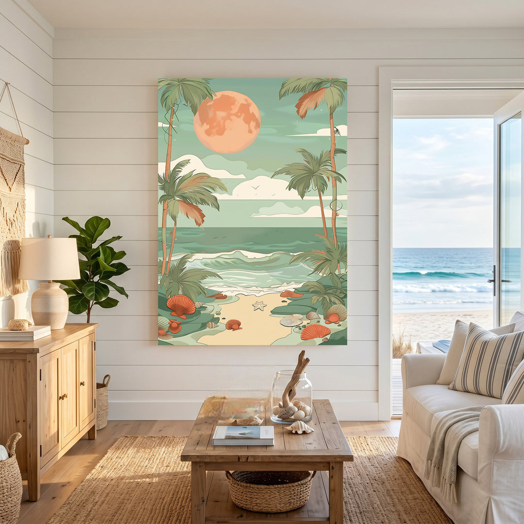 Wadi Home Tropical Beach Moonscape wall art featuring a large orange moon over a serene beach with palm trees and ocean waves.