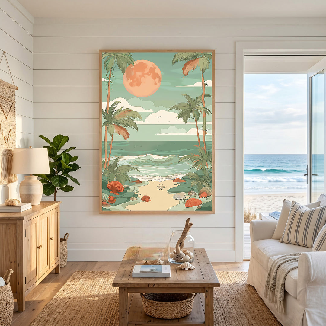 Wadi Home tropical beach moonscape wall art with palm trees, ocean waves, shells, and a large orange moon.