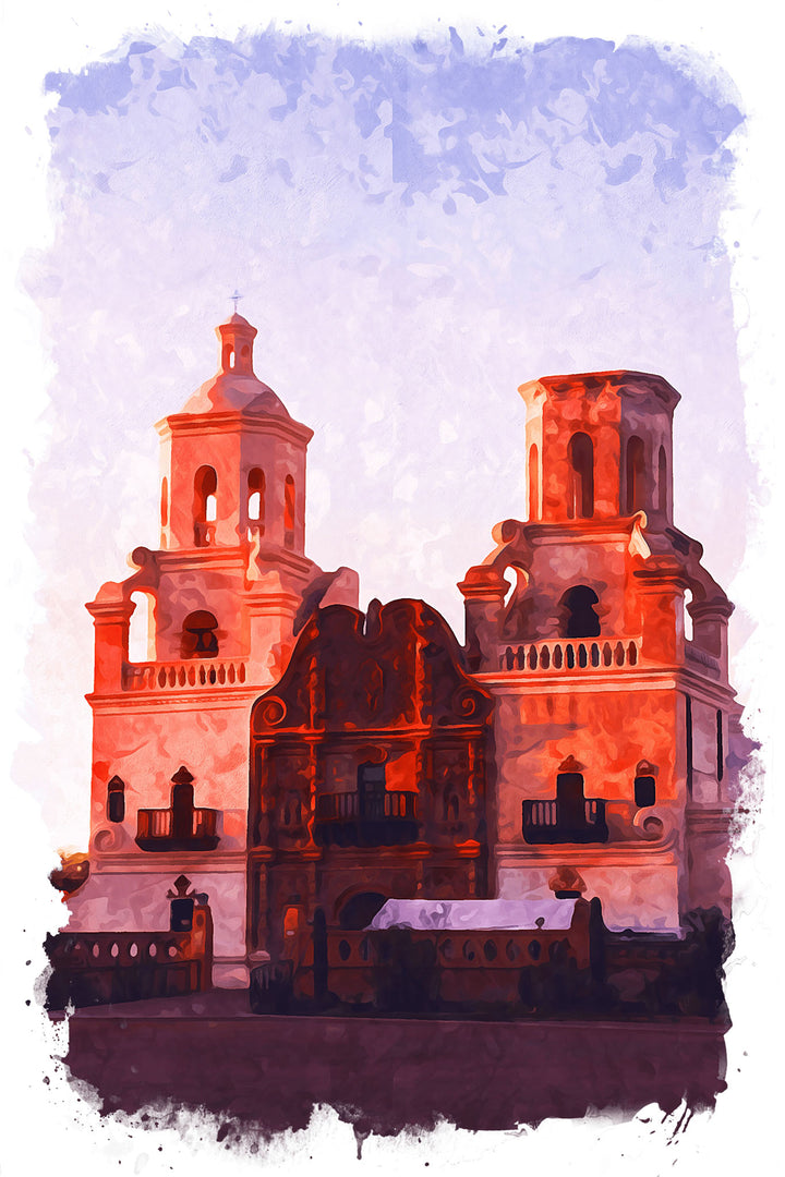 Wadi Home abstract architectural building artwork, watercolor style, warm red and purple tones, historic structure with towers.