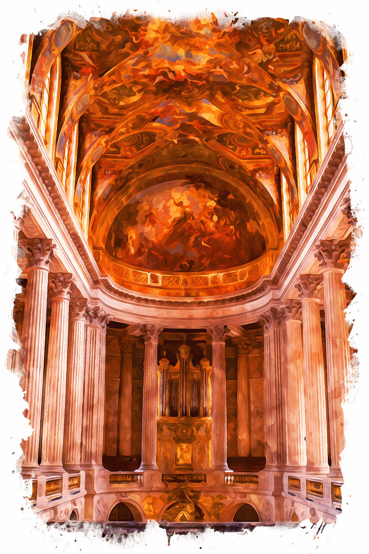 Wadi Home Baroque church interior artwork with ornate ceiling, columns, and organ. Warm, rich color palette.