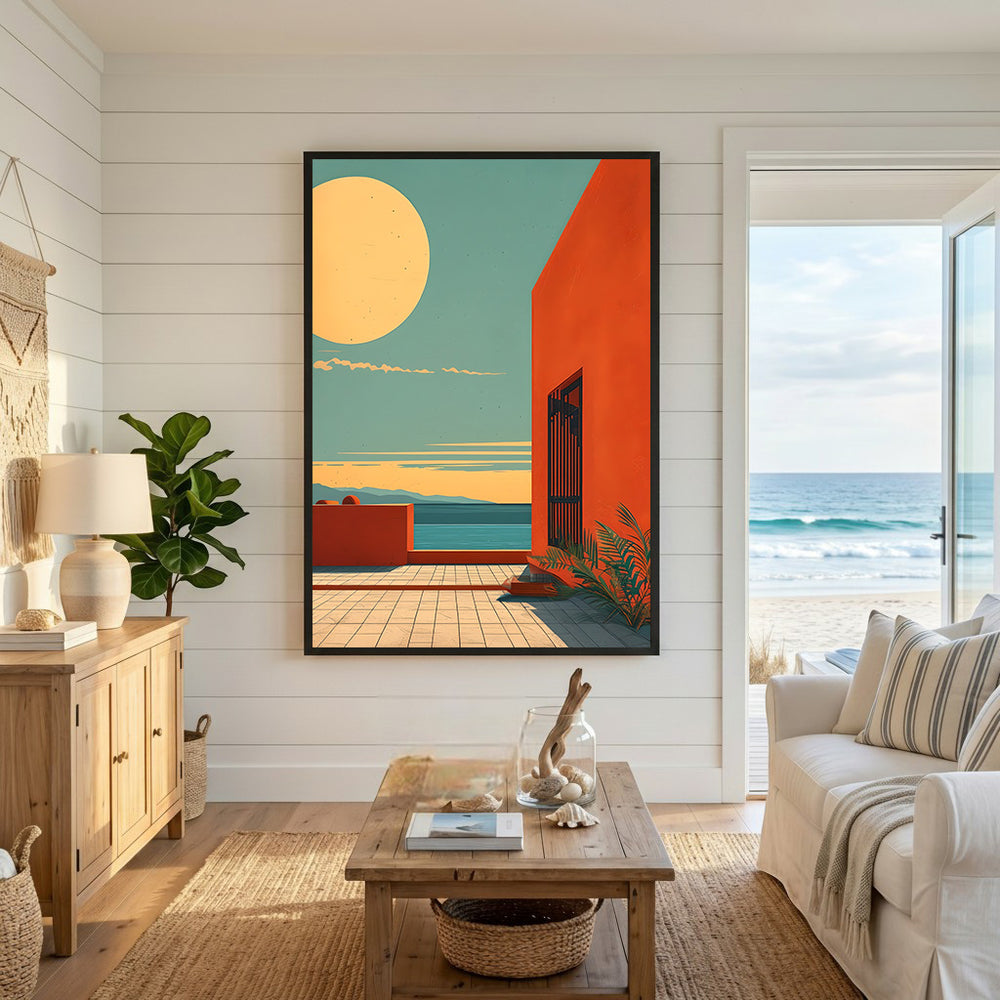 Wadi Home Coastal Sunset Archway Wall Art: Orange archway, blue sea, and sun graphic art.