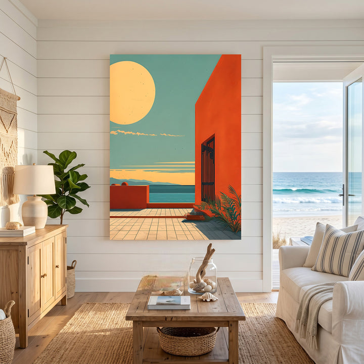 Wadi Home Coastal Sunset Archway Wall Art featuring a minimalist graphic of an orange archway, blue sea, and large yellow sun.