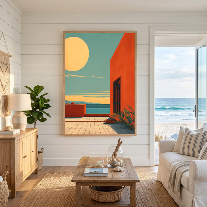 Wadi Home Coastal Sunset Archway Wall Art: Orange archway, blue sea, large sun, minimalist graphic style.
