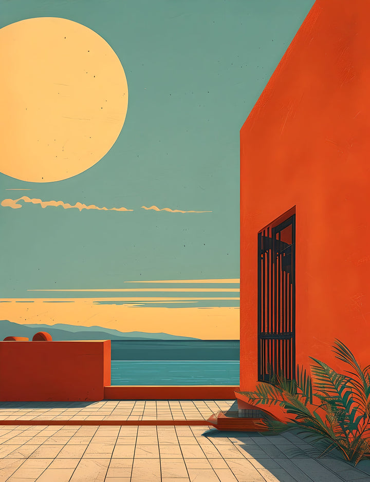 Wadi Home Coastal Sunset Archway Wall Art featuring a minimalist graphic of an orange archway, blue sea, and large yellow sun.