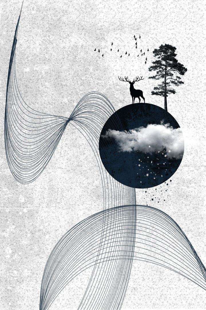 Wadi Home abstract deer and tree wall art with minimalist blue lines and a serene woodland scene on textured grey background.