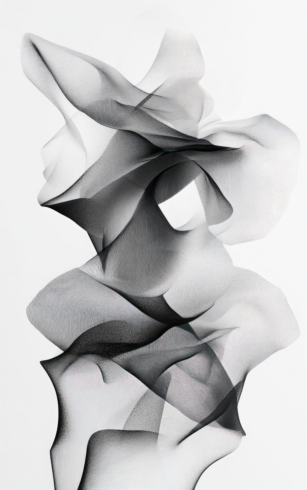 Wadi Home abstract monochrome line art print with flowing, interwoven lines creating depth and movement.