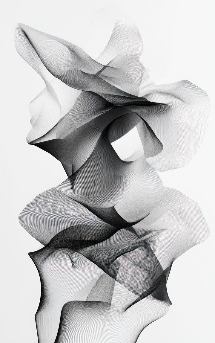 Wadi Home abstract monochrome line art print with flowing, interwoven lines creating depth and movement.