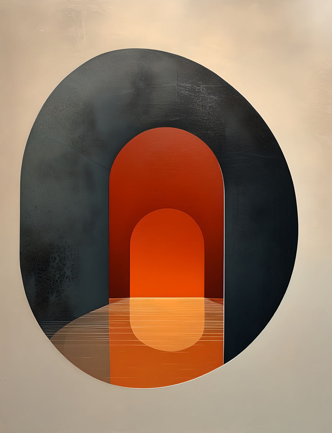 Wadi Home abstract archway wall art with warm orange arches receding into a charcoal oval on a cream background.