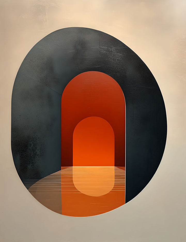Wadi Home abstract archway wall art with warm orange arches receding into a charcoal oval on a cream background.