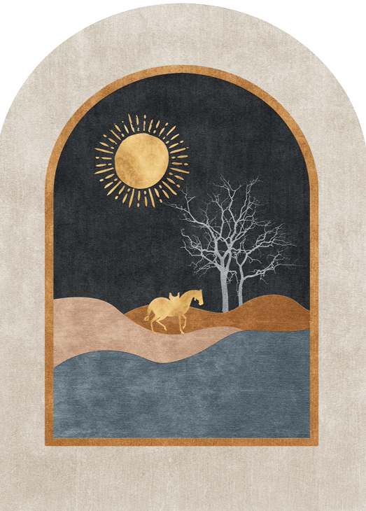Wadi Home abstract archway landscape print with gold horse, sun, tree, and blue water. Earthy tones.