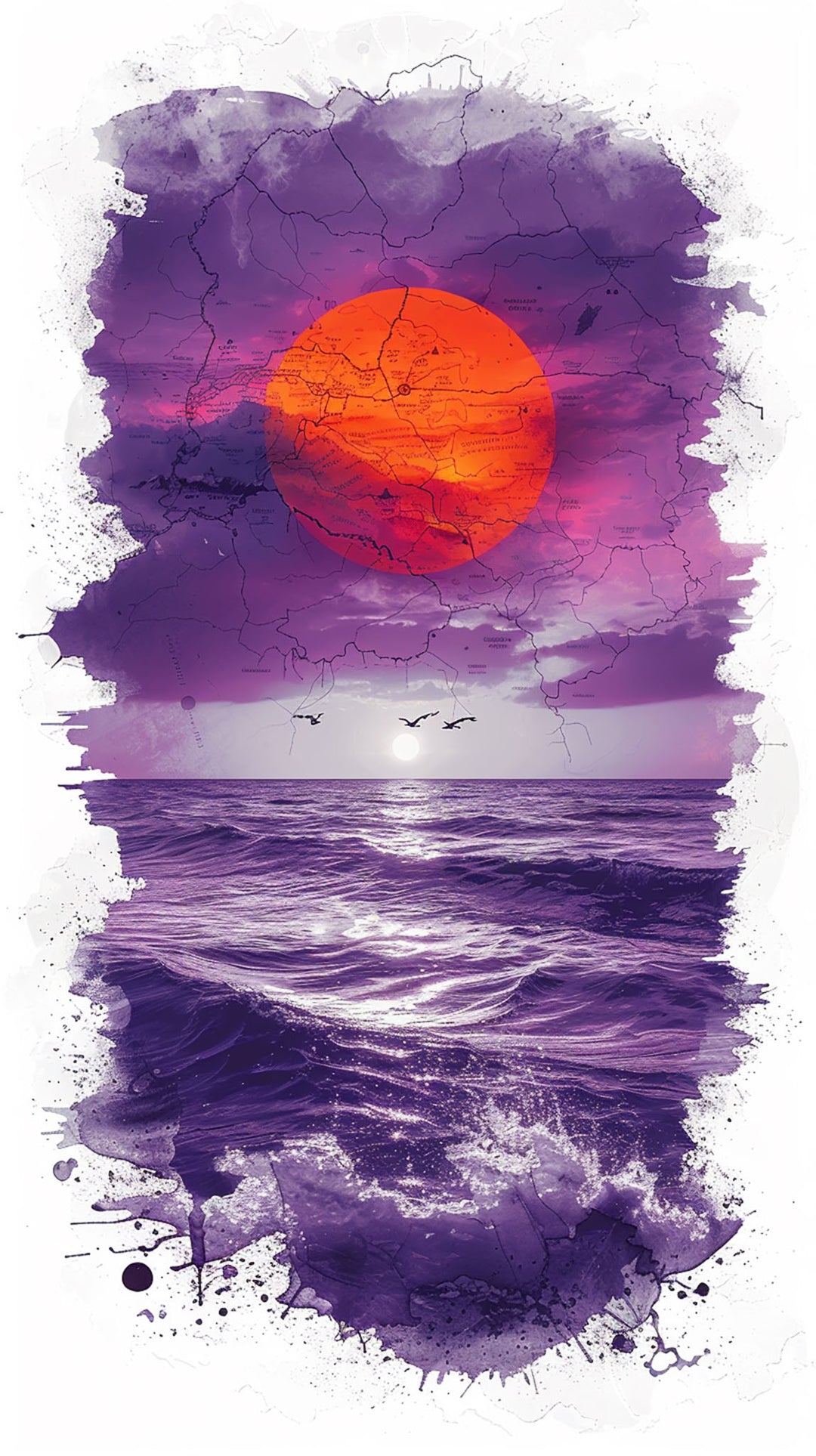 Wadi Home dramatic sunset wall art featuring a vibrant orange sun over a purple ocean with birds flying.