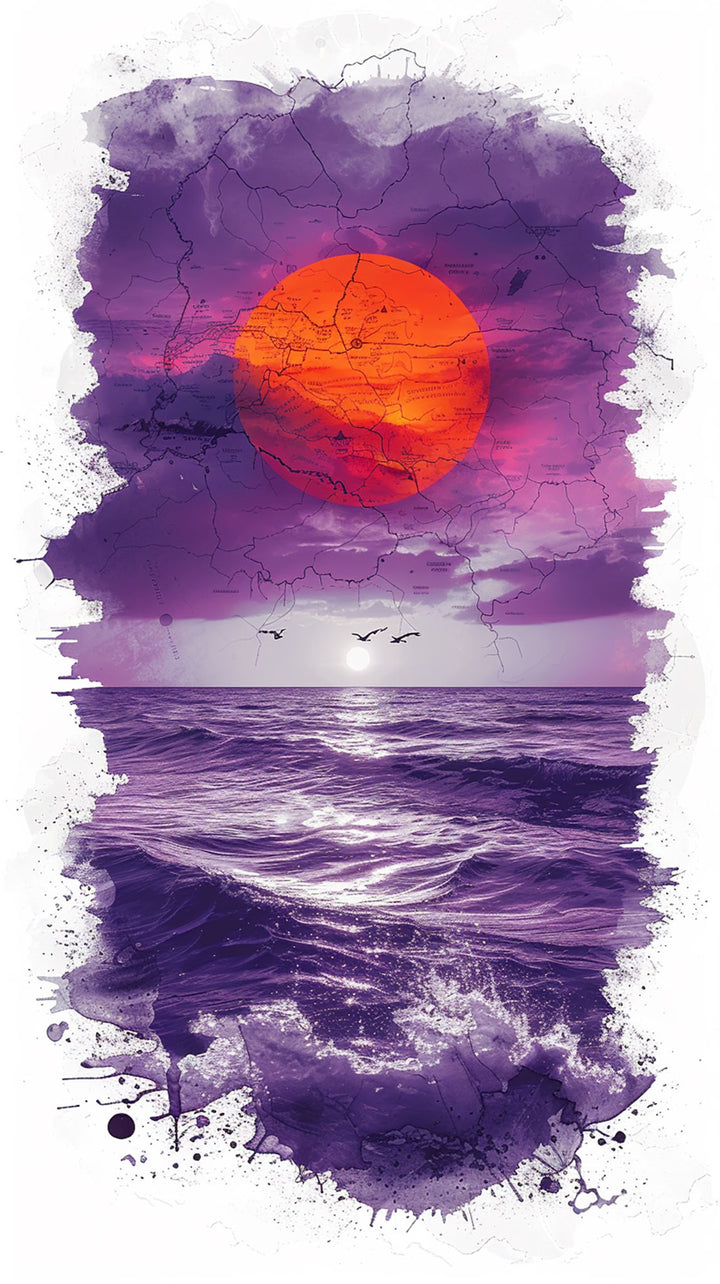 Wadi Home dramatic sunset wall art featuring a vibrant orange sun over a purple ocean with birds flying.