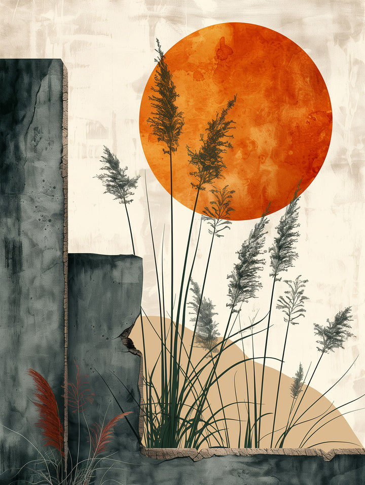 Wadi Home Abstract Sun and Reeds Wall Art with orange sun, grey architectural elements, and tall reeds.