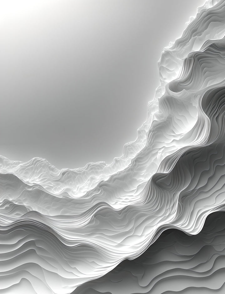 Wadi Home abstract monochromatic mountain landscape wall art with textured layers and subtle gradients.