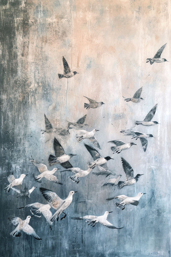 Wadi Home abstract wall art featuring a flock of birds in flight, with a textured background in blues, grays, and peachy tones.