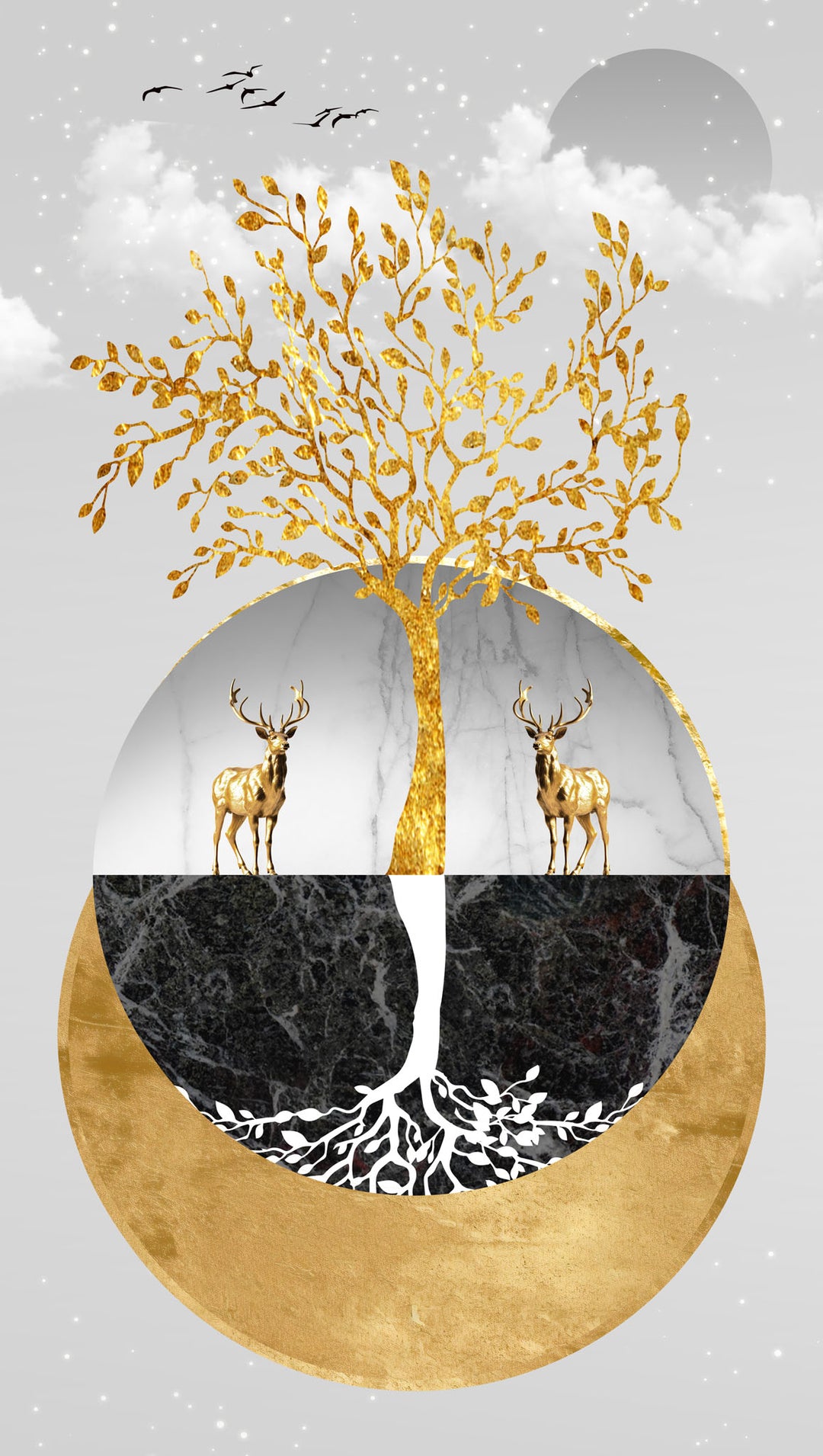 Wadi Home Golden Tree of Life wall art with two deer, marble, and dark stone textures. Abstract nature art.