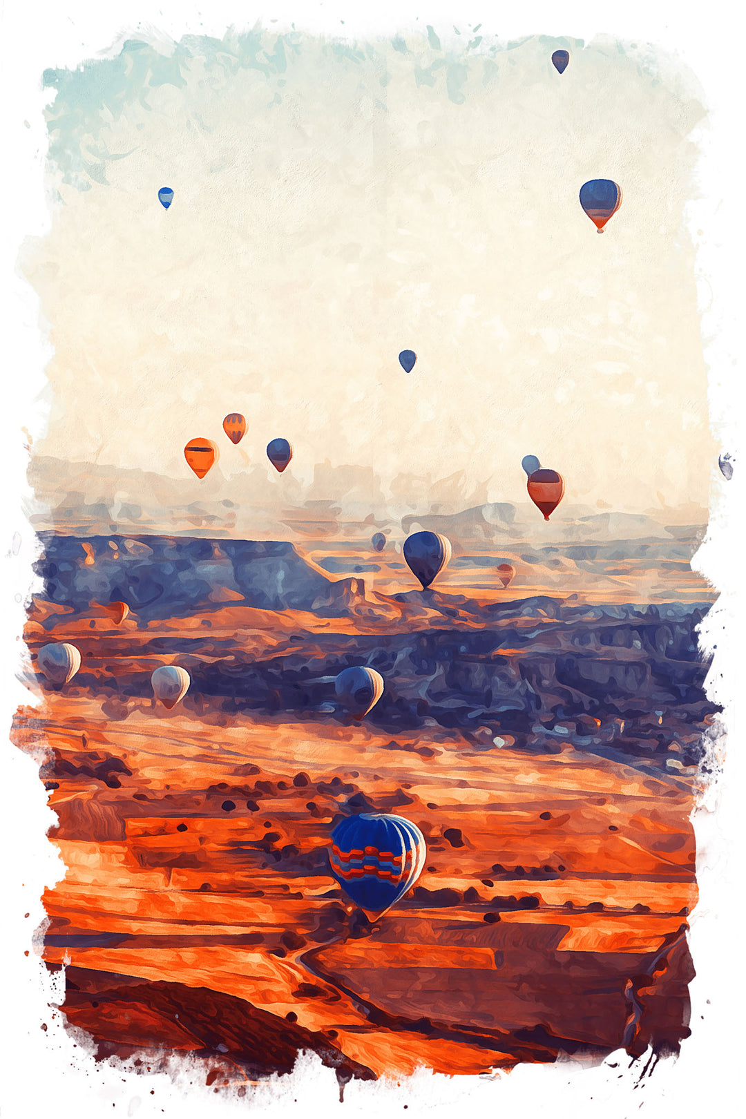 Wadi Home hot air balloon landscape wall art with vibrant painterly style, featuring balloons over a canyon at sunrise in warm, earthy tones.